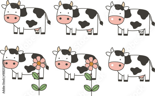 Cute cartoon cow character set with flower elements for farm animals, kids illustration, nursery design and stickers