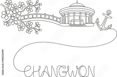 Changwon landmarks with cherry blossoms and anchor vector illustration