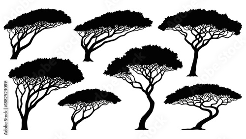 Collection of stylized black silhouette trees with intricate branching, varying heights and shapes