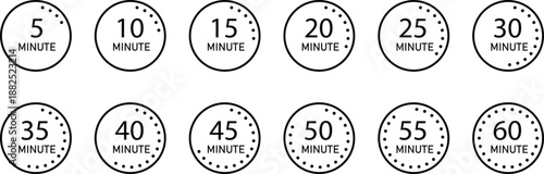 Minute Timer Icons Set from 5 to 60 Minutes, Circular Countdown Badges with Dotted Progress Indicator, Minimal Time Management Vector Illustration