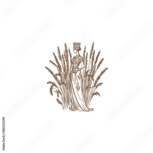 Vintage hand-drawn illustration of a classical woman or goddess standing amidst a field of tall wheat stalks