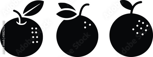 Orange Fruit Icon Set with Leaves, Minimal Black Silhouette Citrus Symbols, Fresh Organic Food Graphic Elements Vector Illustration