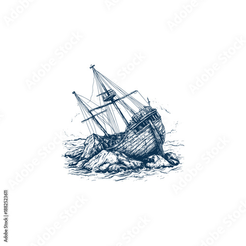 Vintage hand-drawn illustration of a wrecked wooden ship stranded on a rocky shoreline