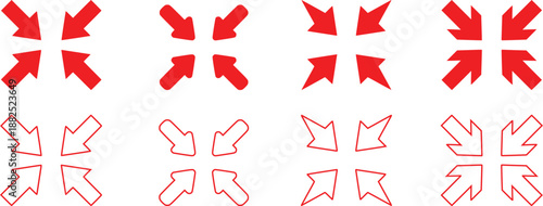 Inward Direction Arrows Icon Set, Converging Red Arrows Pointing to Center, Focus and Target Concept, Minimal Flat Vector Illustration