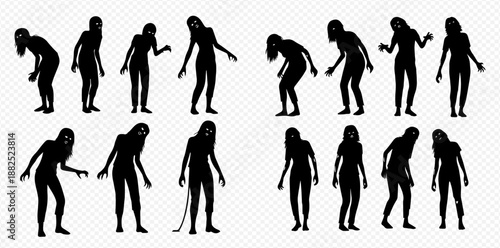 Set of various zombie female silhouettes in different poses, walking dead characters for Halloween designs.