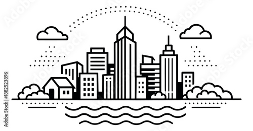 Modern line art illustration of a cityscape depicting urban buildings, clouds, and water for environmental and city planning concepts