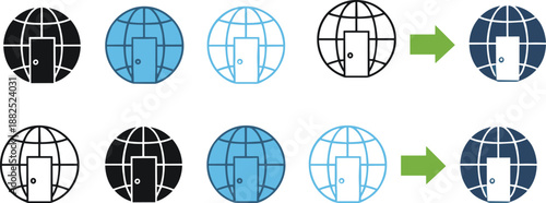 Global access and online login icon set with door and globe symbols for internet security and web design