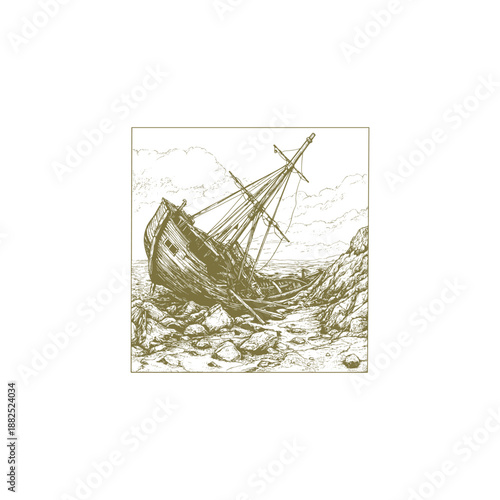 Vintage hand-drawn illustration of a wrecked wooden ship stranded on a rocky shoreline