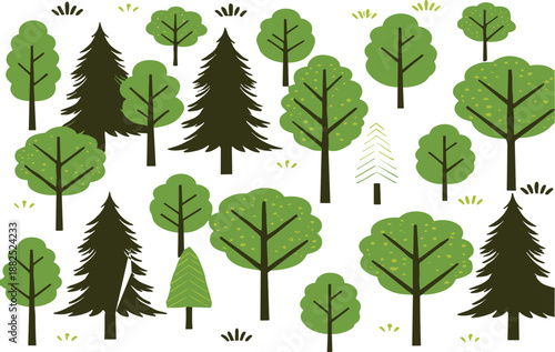 Flat forest tree illustration set with pine and leafy elements for nature, landscape and environmental design