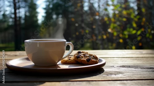 Wallpaper Mural Cup of Coffee and Cookies on a Plate with Sunlight Streaming Through Outdoor Trees. Seamless looping 4k video background  Torontodigital.ca