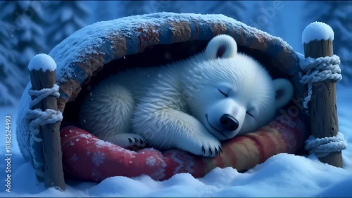 Wallpaper Mural Cute Polar Bear Cub Sleeping Comfortably in a Cozy Blanket During a Snowy Winter Night. Seamless looping 4k video background  Torontodigital.ca