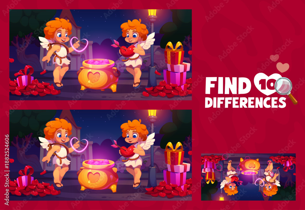 Fototapeta premium Find ten differences on Valentine Day poster, game vector worksheet with cartoon Cupid characters. Matching puzzle quiz of cute cherub Cupids with Valentines hearts, gifts and love potion cauldron
