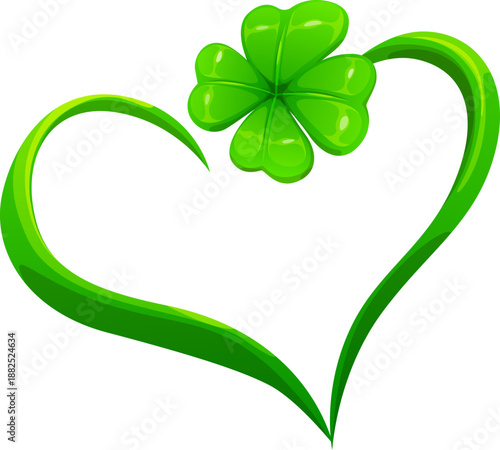 Green heart frame with a four leaf clover, St Patrick day symbol of love, luck and Irish cultural heritage. Cartoon vector shamrock border emblem represents fortune, affection, pride and celebration