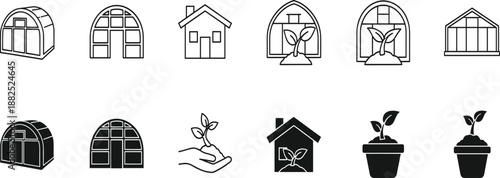 Greenhouse and plant growth icon set with outline and solid styles for gardening, agriculture and eco design
