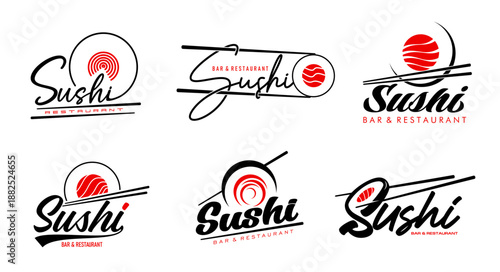 Japanese salmon tuna sushi and rolls icons, vector Japan cuisine food. Asian restaurant or sushi bar menu isolated signs set with chopsticks and fish rolls, rice and seaweed, asian seafood dishes