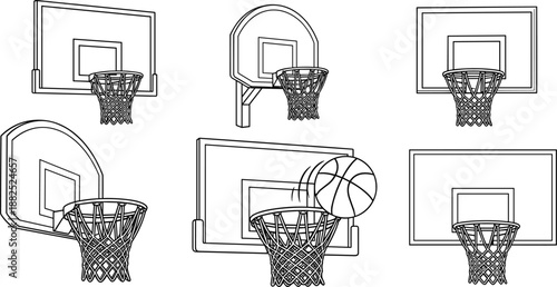 Basketball hoop and backboard vector line icons, sports equipment set with net and ball, isolated court elements for competition, game, and training designs.Basketball hoop and backb