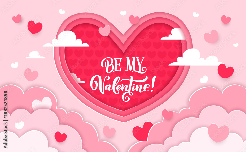 Fototapeta premium Paper cut Valentine Day heart at pink love sky clouds vector 3d background. Pink heart frame with romantic love holiday Be My Valentine quote phrase and paper cut layered clouds border, greeting card
