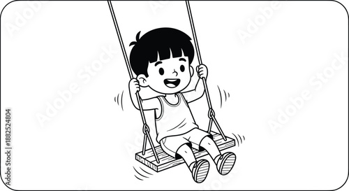 Cute cartoon vector of a happy boy swinging on a swing, perfect for children’s coloring books, playtime scenes, education, and design use.