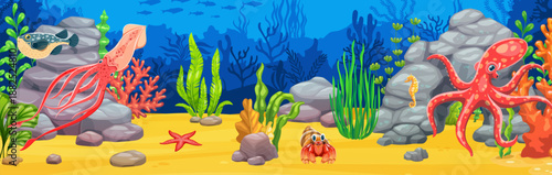 Underwater landscape, game background with squid and octopus cartoon characters. Vector sea water animals and fish at ocean underwater landscape background with corals, seaweeds, starfish and crab