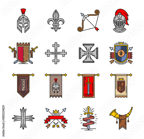 Armor, coat of arms and crosses, heraldry color line icons. Vector shields and pennant flags with medieval royal heraldry line icons of color helmets, swords and arrows, victorian lily, crown and horn
