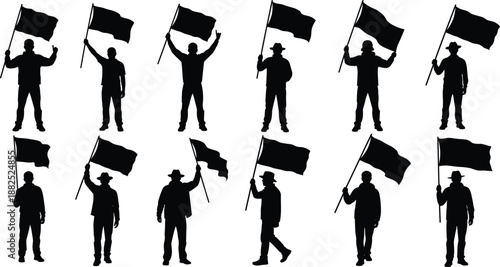 Black silhouettes of men holding blank waving flags, protest activists, sports fans, and patriotic people standing with banners in different poses and hats.