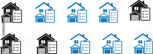 Home inspection and checklist icon set with house and clipboard for real estate and property service design