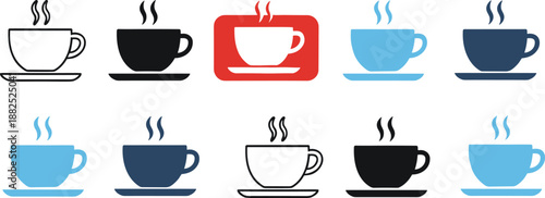 Hot coffee cup icon set with outline, flat and color styles for café, menu and beverage design