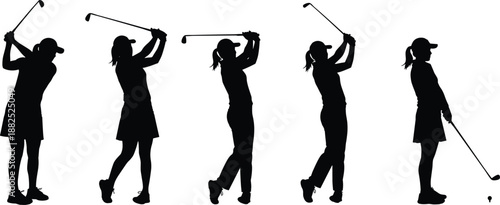 Black, silhouettes, of, woman, golfers, playing, golf, in, different, poses, with, clubs, swing, actions, sports, collection, isolated, on, white, background, vector, illustration, set