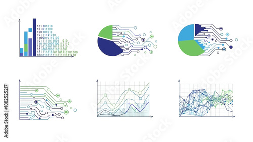 A collection of business infographics including bar charts, line graphs, and pie charts on a white background, illustrating AI technology and data analysis with a professional and modern