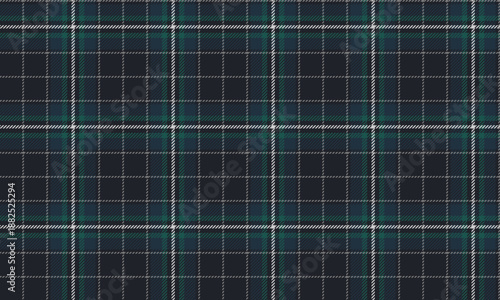 Seamless plaid fabric in black, green, blue, and white is ideal for fashion design, creating attractive looks for clothing, skirts, and trousers.