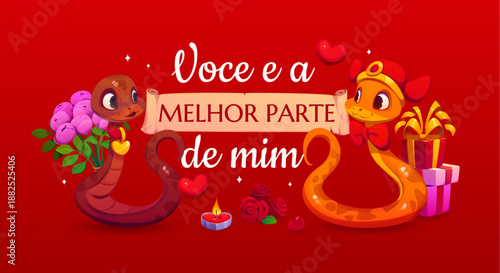 Valentine day Portuguese quote Voce e a melhor parte de mim, vector greeting card. Valentine day holiday love quote in Portuguese language with snakes couple, wedding gifts and roses flowers