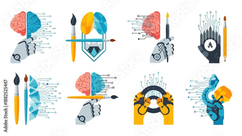 Collection of colorful illustrations depicting AI technology and human brain concepts with various design elements on a clean white background.