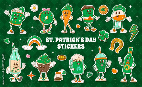 St Patrick's day groovy characters Stickers. Spring holiday, St Patrick holidays personages vector stickers with donut, cupcake and icecream, ale or beer drink, coffee, Irish cocktail and milk bottle