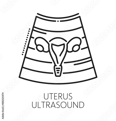 Gynecology uterus ultrasound, birth control medicine line icon. Woman reproductive health outline pictogram, urinary medicine vector icon. Gynecology examination symbol with uterus, MRI screening
