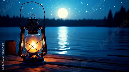Wallpaper Mural Lantern Glowing by the Water Under the Moonlight with Stars in a Peaceful Night Scene. Seamless looping 4k video background  Torontodigital.ca