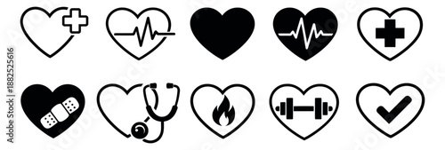 Graphic health and medical icon set featuring various symbols for healthcare applications and wellness concepts