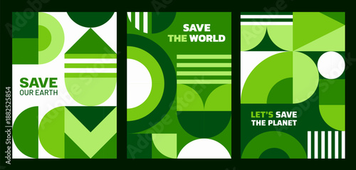 Save the planet posters with Bauhaus geometric pattern. Ecology abstract pattern vector flyer, clean environment Bauhaus shapes banner. Earth day green artwork card or save nature geometric poster