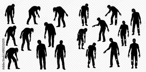 Set of zombie silhouettes with various poses, depicting horror and Halloween themes.