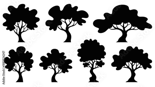 Collection of eight diverse tree silhouettes with varying branch structures and rounded canopies