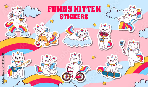 Cartoon caticorn cat and unicorn kitten characters stickers pack at rainbow sky and cloud vector background. Kawaii caticorn playing guitar, riding bike and skateboard. Funny unicorn cat sticker set