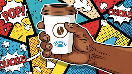 Stylized African American Hand Holding Cardboard Paper Coffee Cup Fast Food Beverage Vector Illustration In Vintage Retro Pop Art Comic Artistic Graphic Design Element