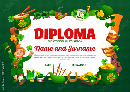 Happy St Patrick's day holiday diploma certificate. Irish party vector award paper, Saint Patrick diploma template with happy leprechaun, musical instruments, pot of golden coins and shamrock clovers