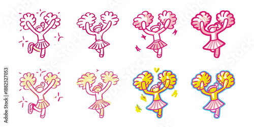 Cheerful Vector Illustration of a Young Cheerleader Performing a High Jump with Colorful Pompoms