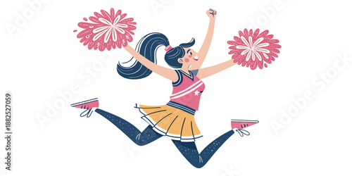 Minimalist Flat Vector Character Design of a Cheerleader Jumping in Mid-Air Celebrating Victory