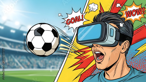 Vibrant vector illustration of an excited football fan wearing virtual reality glasses with an open mouth holding a soccer ball in a colorful retro artistic for immersive sports experience.
