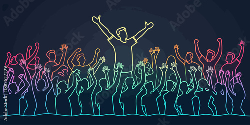 Minimalist Flat Vector Illustration of a Cheering Audience with Banner and Flags at a Sport Game