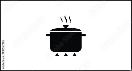 Black cooking pot silhouette icon with steam and heat symbols isolated flat vector for kitchen food design