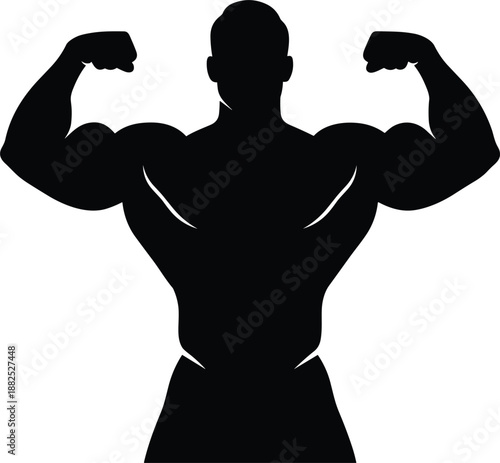 Bodybuilder muscular male silhouette flexing arms and shoulders isolated flat vector icon for fitness gym strength power design