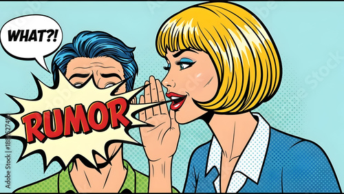 Young woman whispering secret gossip or news into ear of surprised friend with speech bubble, rumour communication, expressive facial reaction, social interaction talk and message.