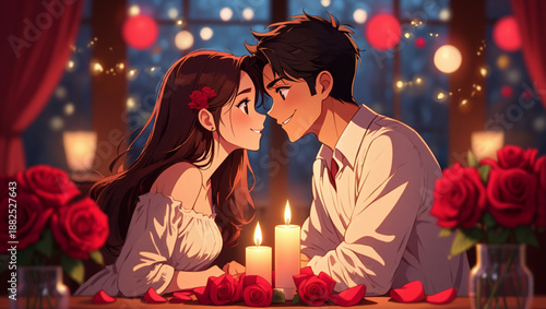 A young couple shares an intimate and romantic candlelit dinner surrounded by red roses